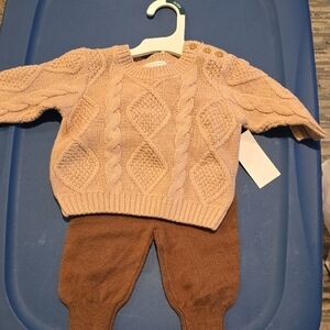 Kids Cable Knit Sweater and Pants Set - Cream and Brown